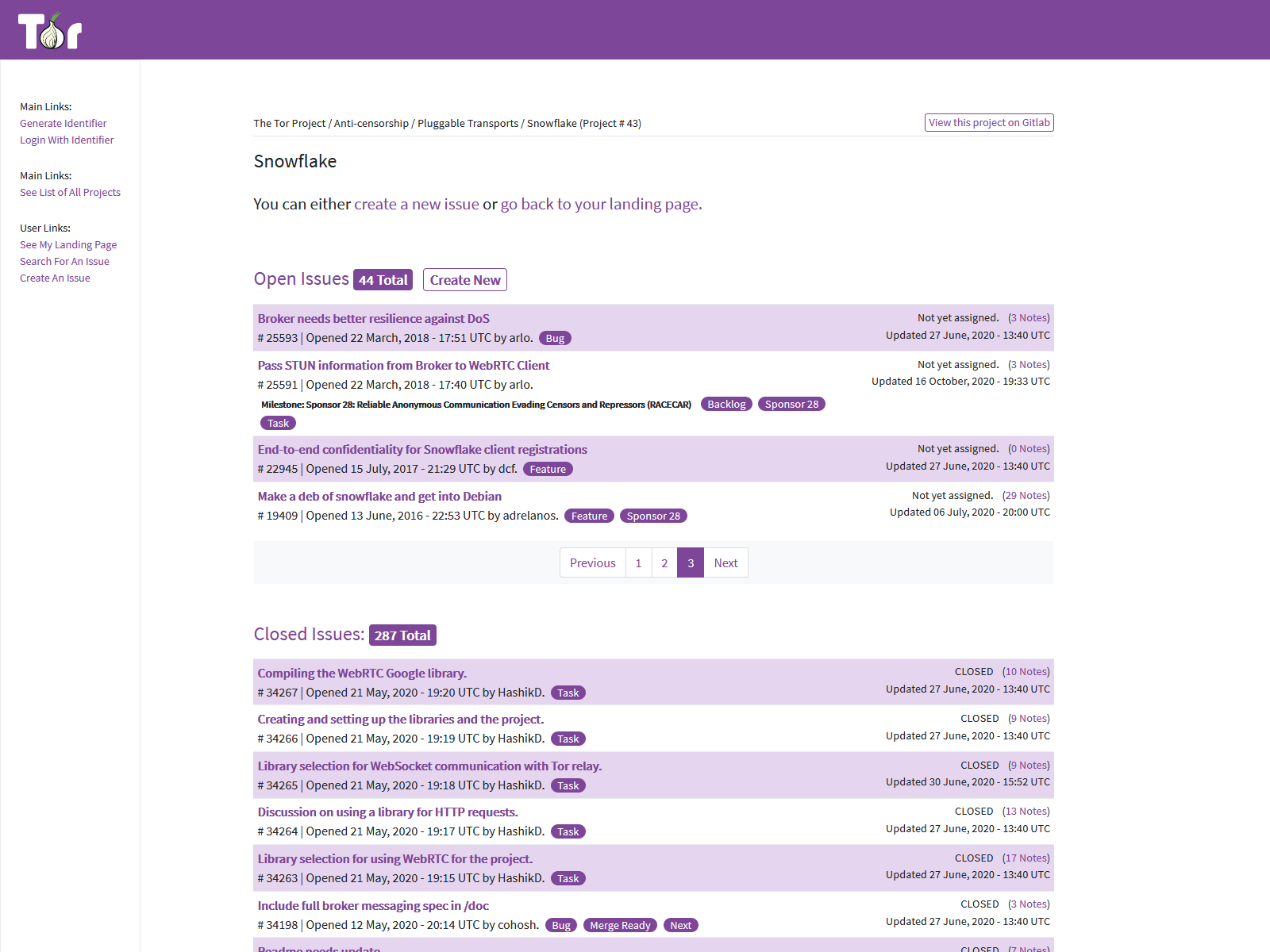 A detail view of the snowflake project, with open issues at the top and closed issues at the bottom. A link near the top advises the user they can go back to their landing page or create a new issue.